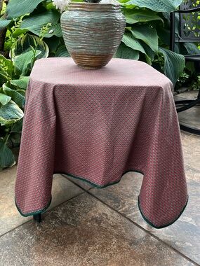 Vintage Red and Green Patterned Tablecloth with Green Trim